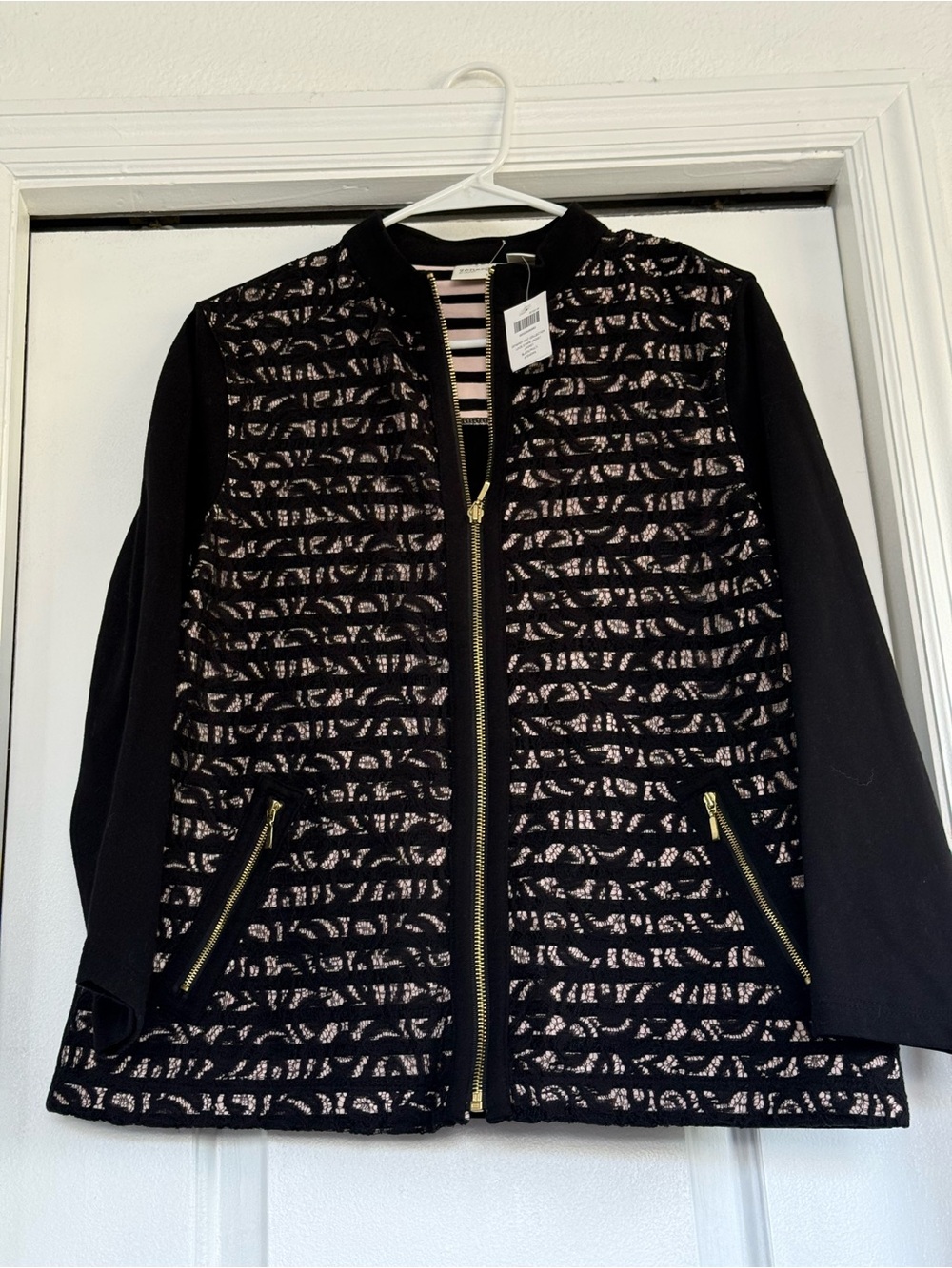 Black and Rose Metallic Pattern Zip-Front Bomber Jacket